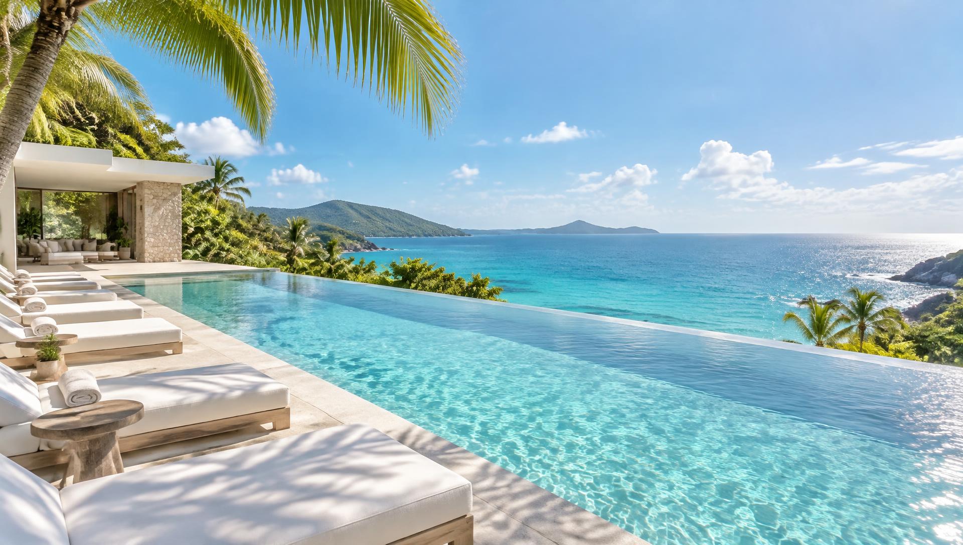 Heller Hotelpool mit Liegen und Blick auf das türkisfarbene Meer